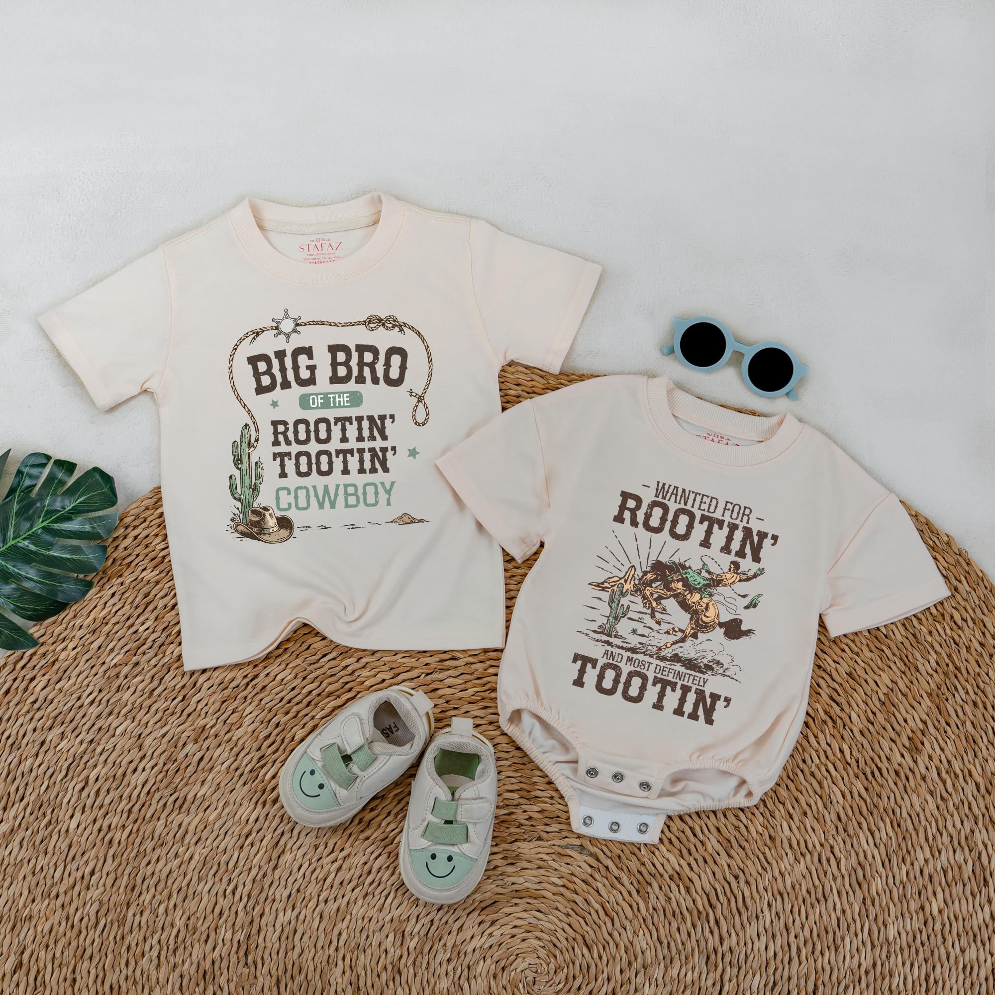 Personalized Rootin Tootin Cowboy Matching Sibling Shirts and Baby Romper Set, Big Bro Big Sis Toddler Tee, Baby Shower Gift Soft Cotton