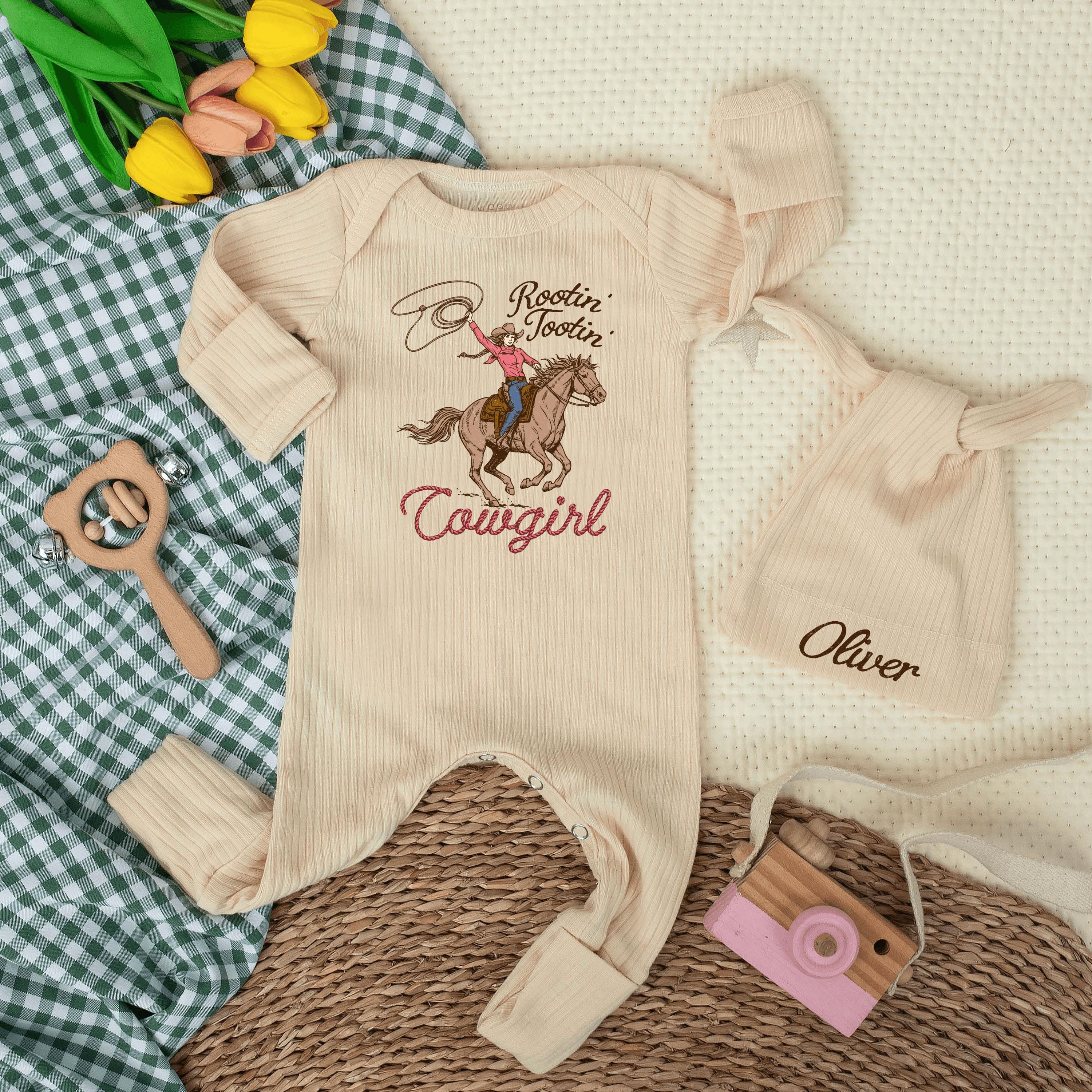 Personalized Rootin' Tootin' Cowgirl Baby Romper with Hat, Western Newborn Outfit, Soft Cotton Bodysuit, Baby Shower Gift, Coming Home Set