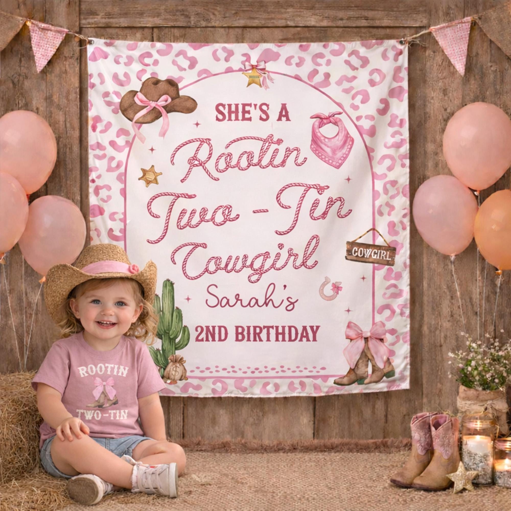 Personalized Rootin Two-Tin Cowgirl Birthday Shirt for Toddler Girls with Pink Leopard Decor Cute Western 2nd Outfit and Silk Banner Gift