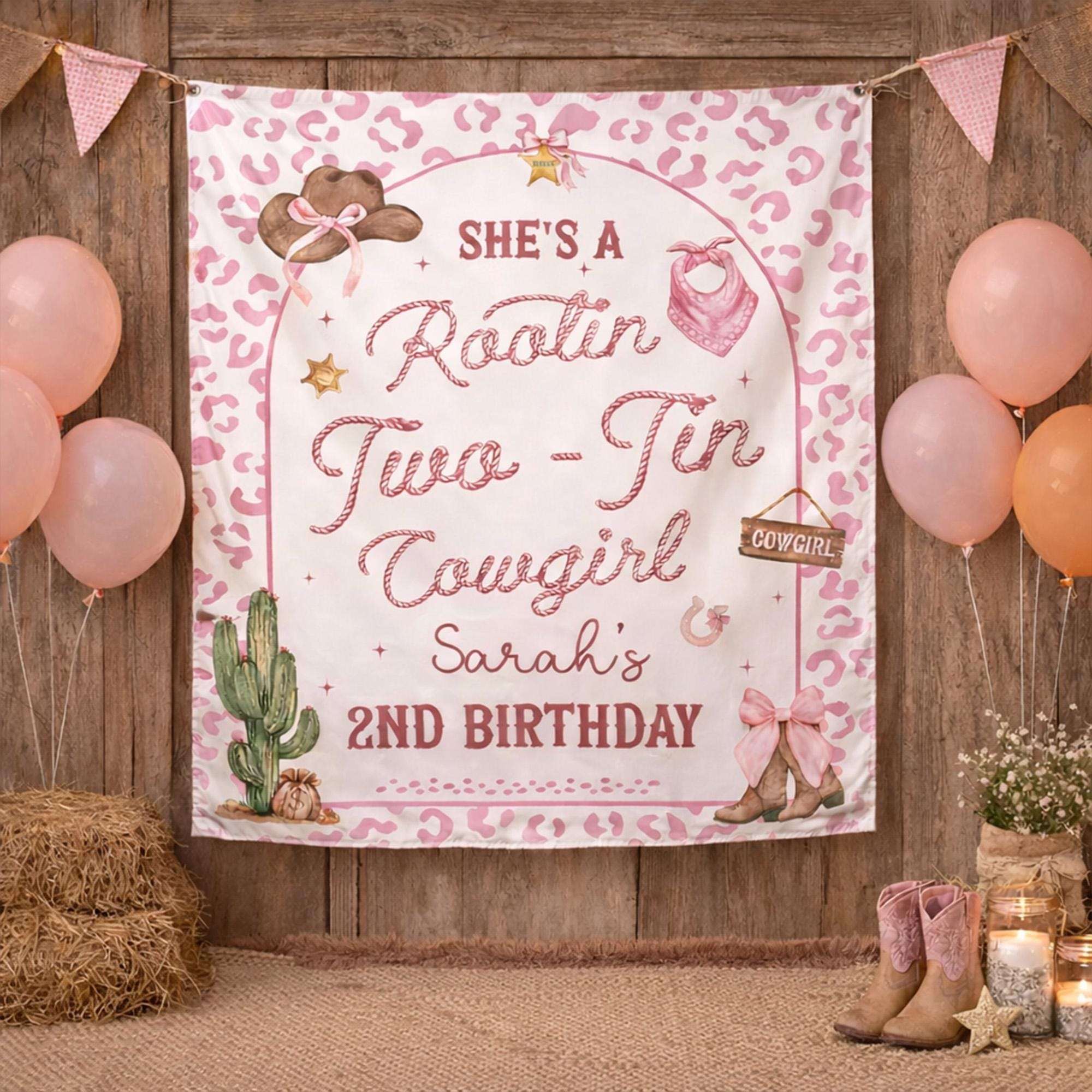 Personalized Rootin Two-Tin Cowgirl Birthday Shirt for Toddler Girls with Pink Leopard Decor Cute Western 2nd Outfit and Silk Banner Gift