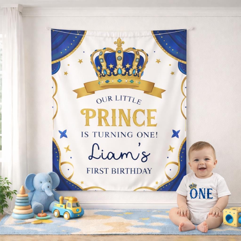 Personalized Royal Blue and Gold Little Prince First Birthday Outfit with Crown Design, Baby Boy Romper and Banner for Cake Smash Party