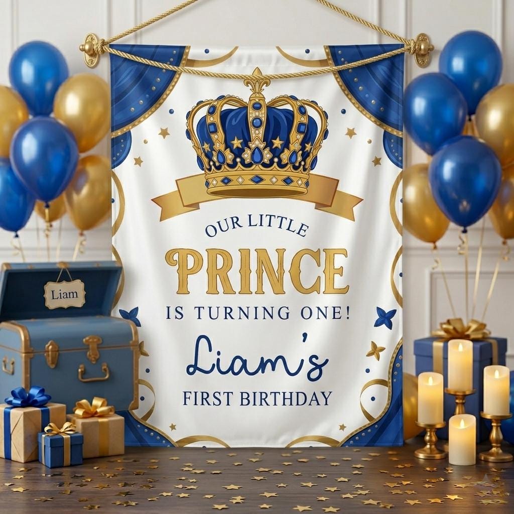 Personalized Royal Blue and Gold Little Prince First Birthday Outfit with Crown Design, Baby Boy Romper and Banner for Cake Smash Party