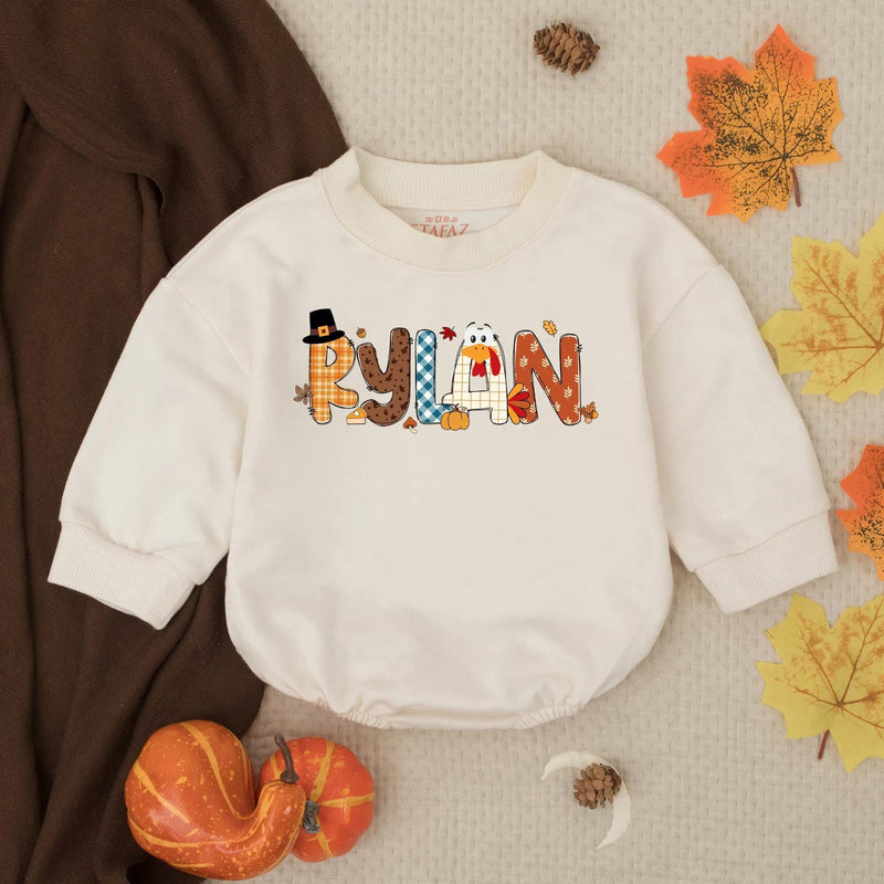 Personalized Rylan Thanksgiving Baby Romper with Turkey Design Fall Infant Outfit Soft Cotton Holiday Clothes for Boys or Toddlers Gift