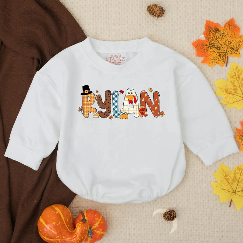 Personalized Rylan Thanksgiving Baby Romper with Turkey Design Fall Infant Outfit Soft Cotton Holiday Clothes for Boys or Toddlers Gift