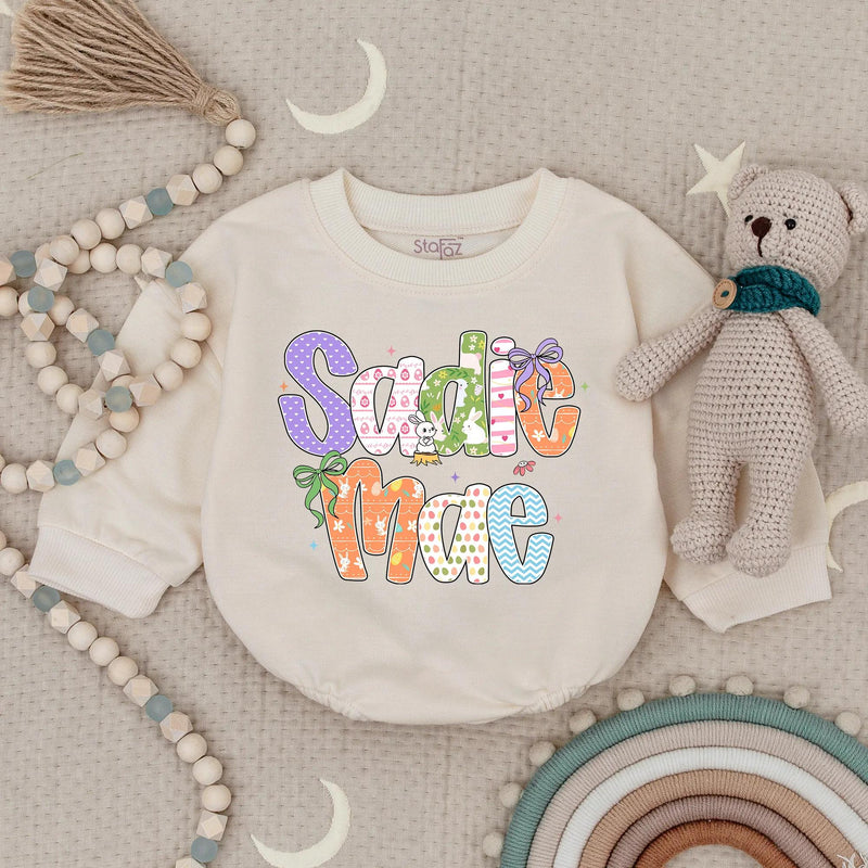 Personalized Sadie Mae Baby Girl Easter Romper with Pastel Bunny and Bow Design, Custom Name Outfit for First Easter Gift or Holiday Party