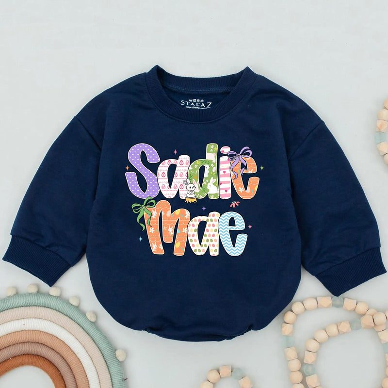 Personalized Sadie Mae Baby Girl Easter Romper with Pastel Bunny and Bow Design, Custom Name Outfit for First Easter Gift or Holiday Party