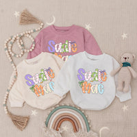 Personalized Sadie Mae Baby Girl Easter Romper with Pastel Bunny and Bow Design, Custom Name Outfit for First Easter Gift or Holiday Party