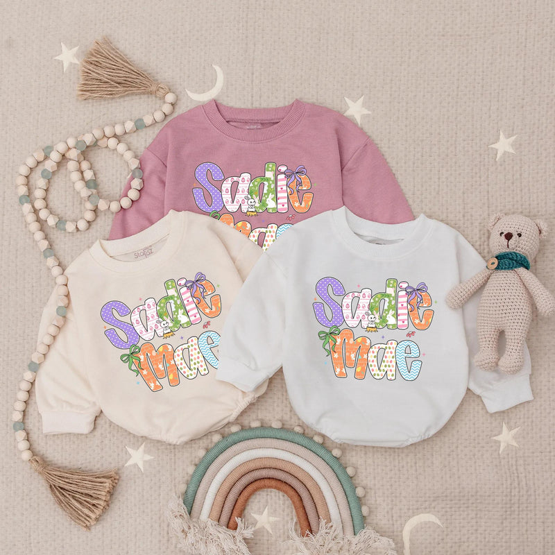 Personalized Sadie Mae Baby Girl Easter Romper with Pastel Bunny and Bow Design, Custom Name Outfit for First Easter Gift or Holiday Party
