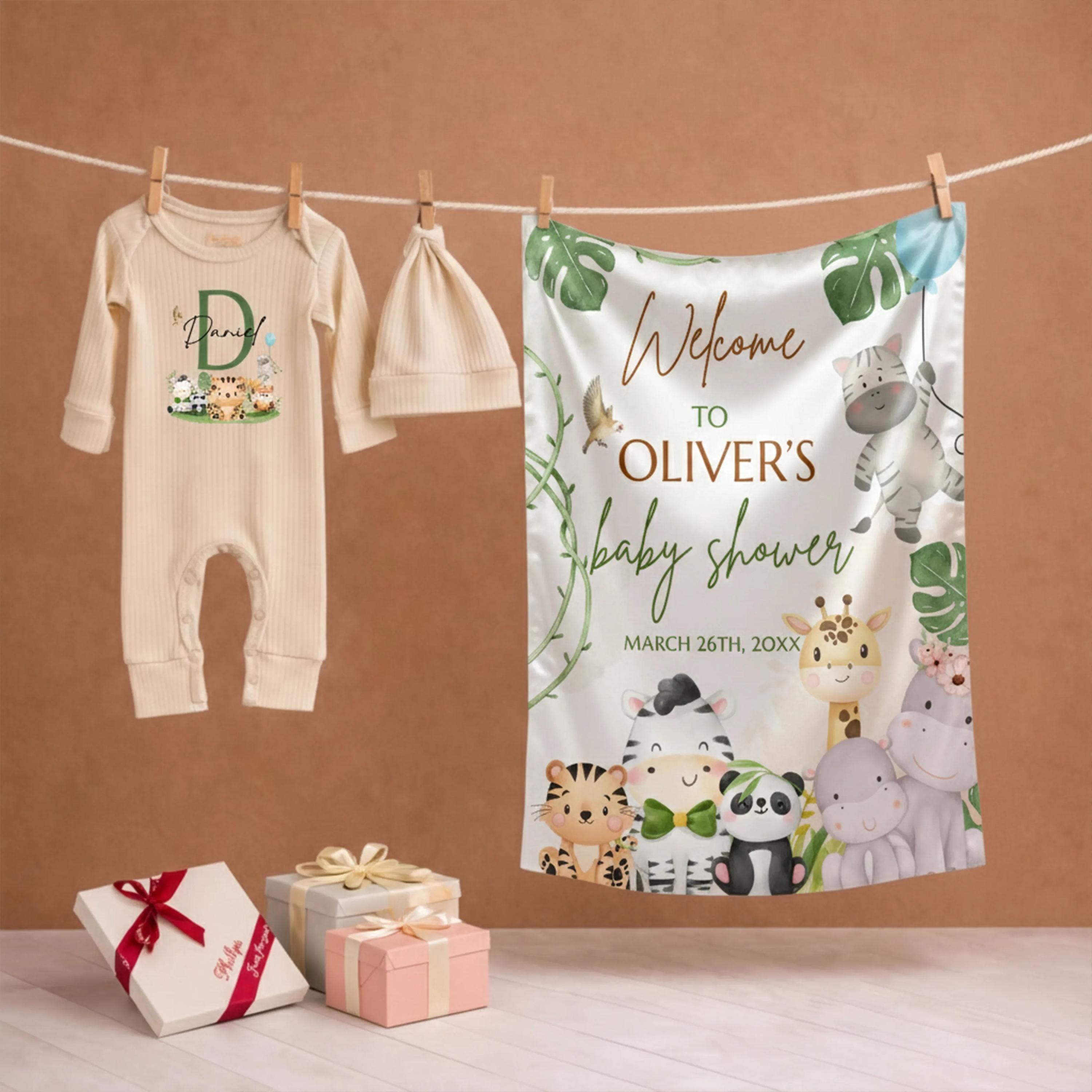 Personalized Safari Baby Shower Banner and Bodysuit Set with Green Initial, Jungle Animals, and Custom Name for Party or Gift