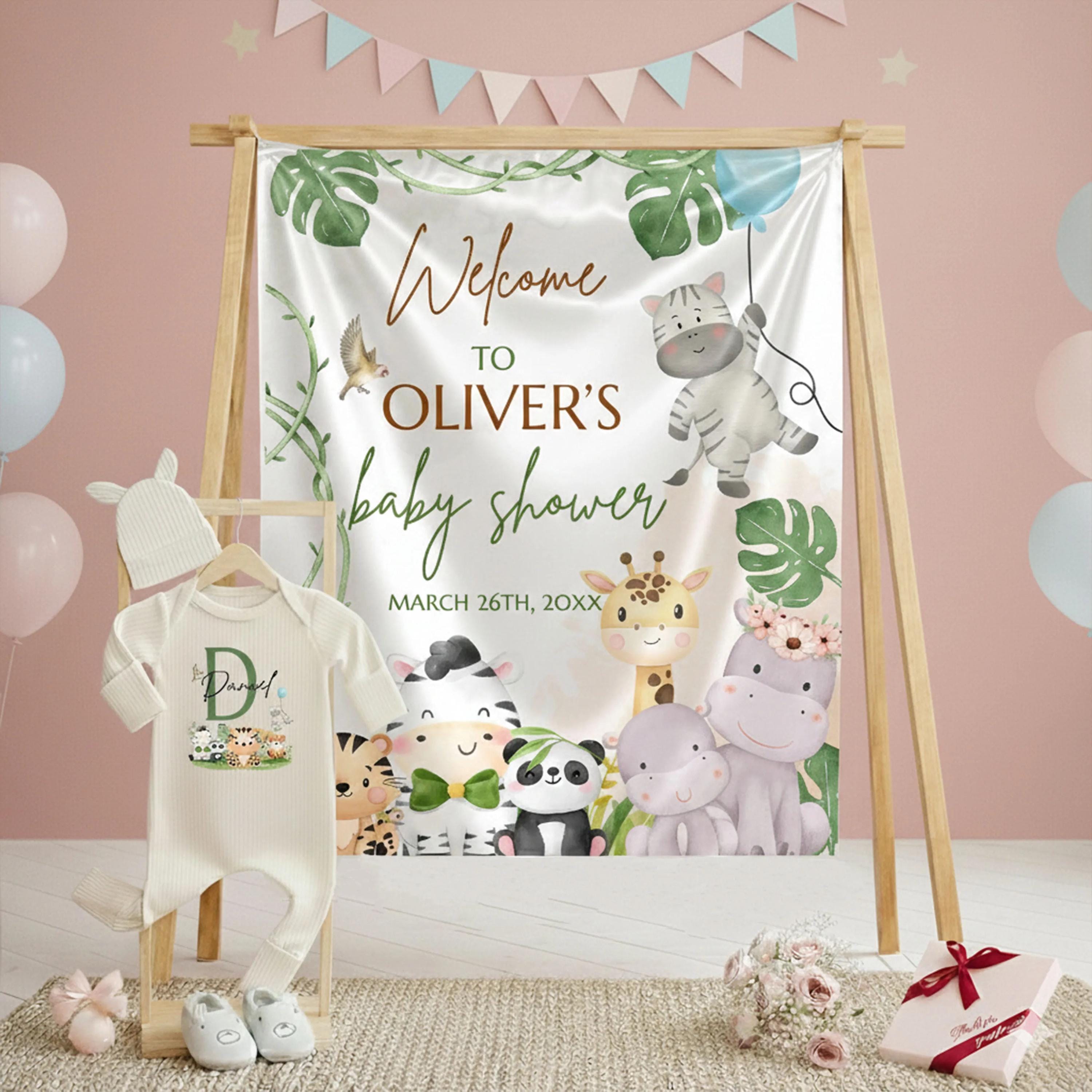Personalized Safari Baby Shower Banner and Bodysuit Set with Green Initial, Jungle Animals, and Custom Name for Party or Gift
