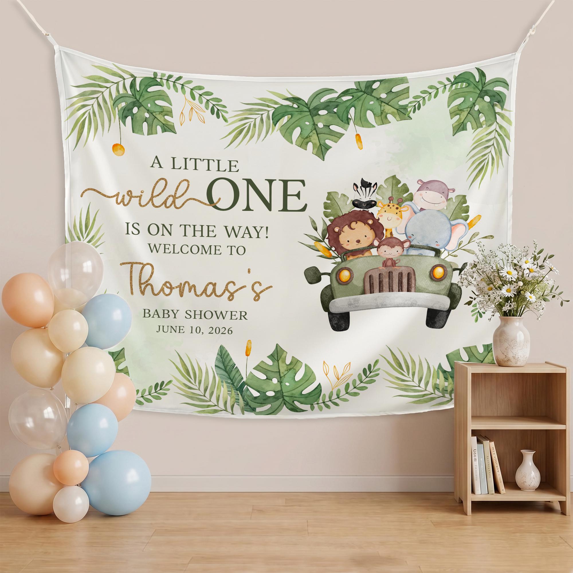 Personalized Safari Baby Shower Banner with Watercolor Jungle Animals Light Cream Backdrop Custom Little Wild One Party Decoration