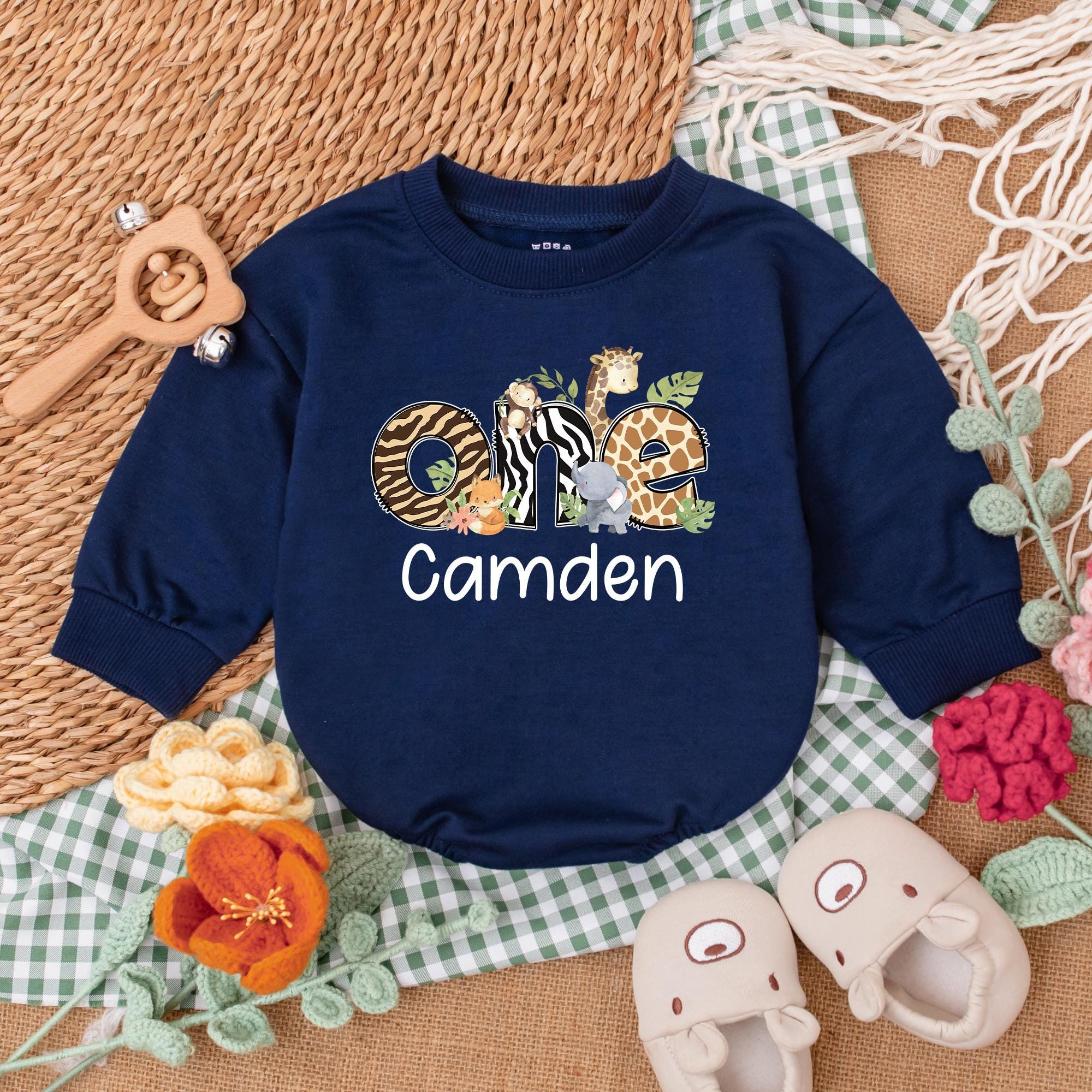 Personalized Safari Wild One Romper Baby Boy 1st Birthday Outfit Vibrant Animal Print Design Soft Cotton Custom Name Camden Celebration