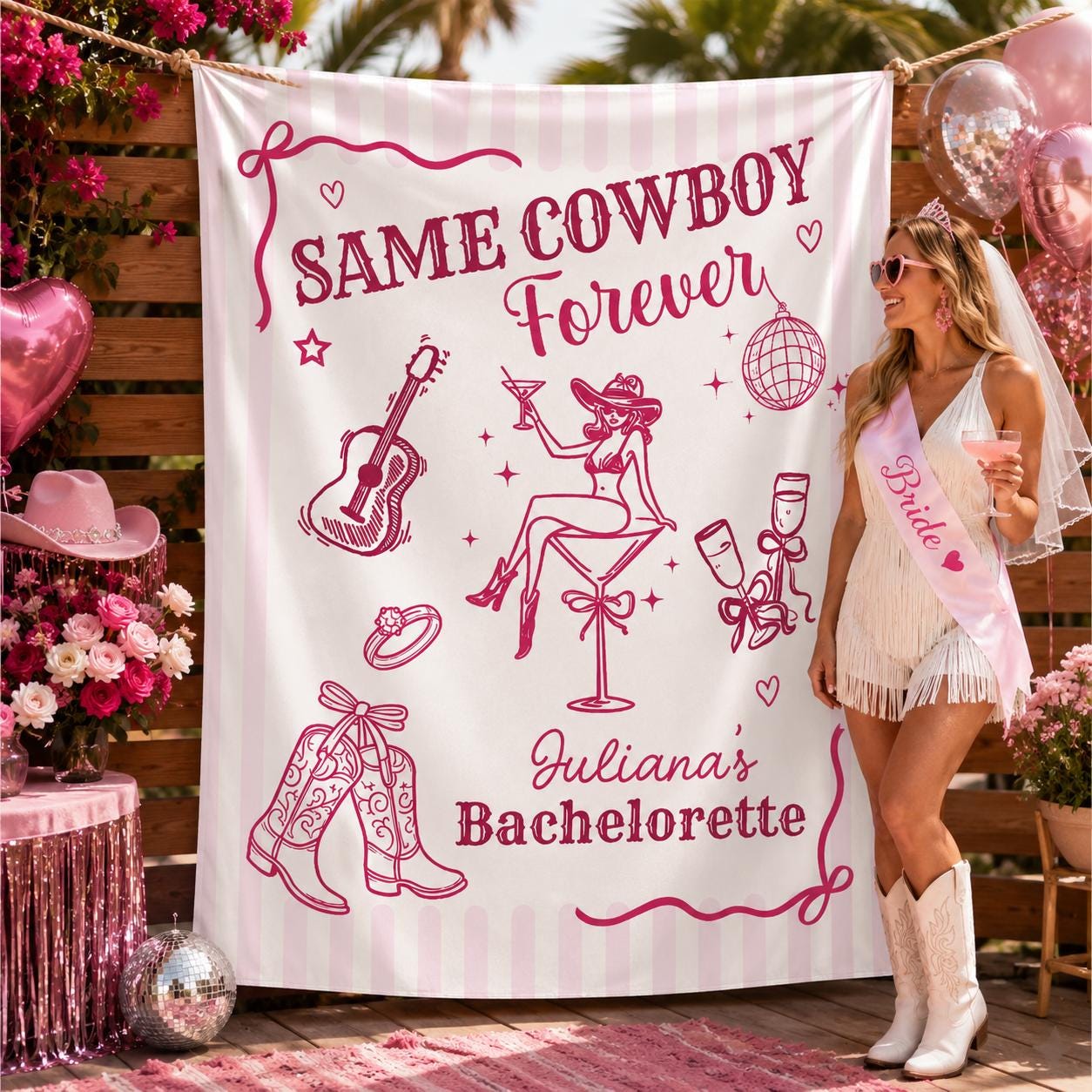 Personalized Same Cowboy Forever Bachelorette Banner with Retro Western Graphics, Custom Bride Name Party Backdrop for Last Rodeo Theme