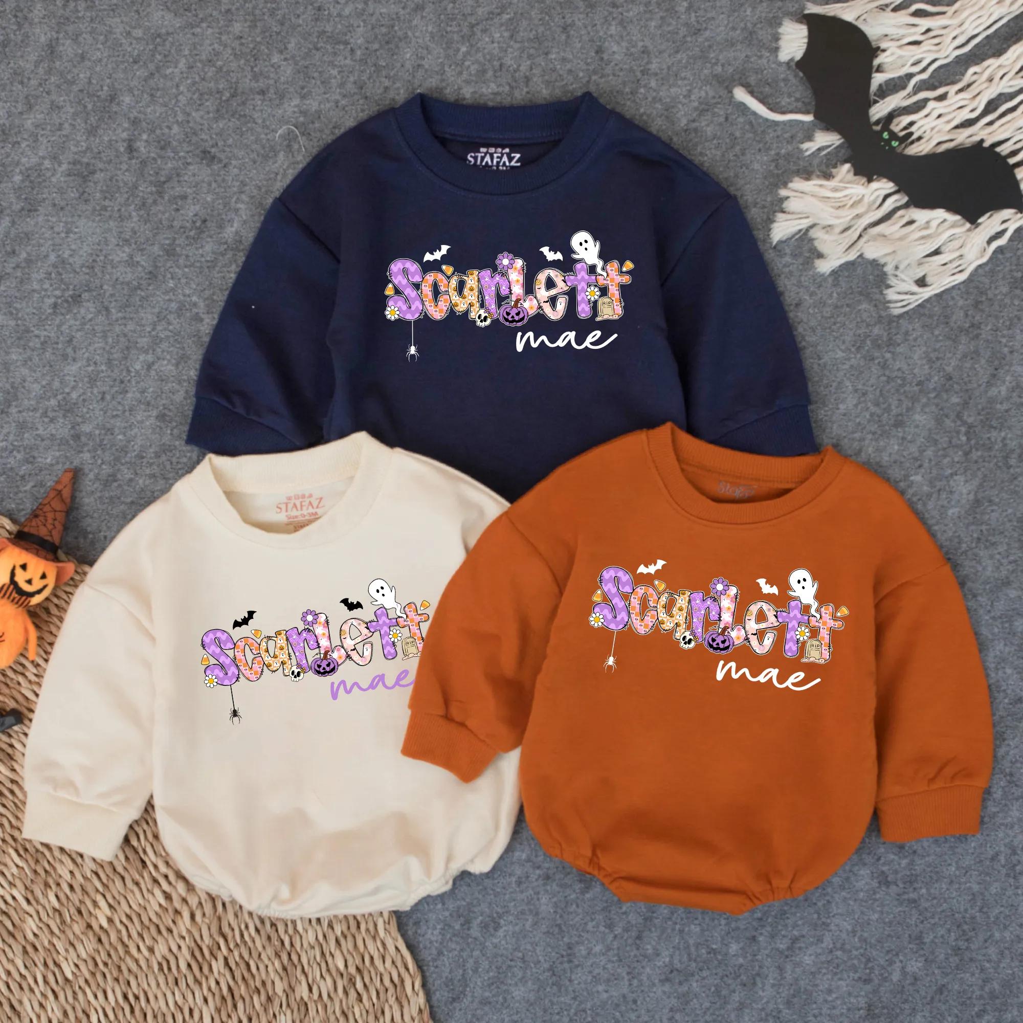 Personalized Scarlett Halloween Romper for Baby Girl Spooky Season Outfit Trick or Treat Toddler Costume Colorful Whimsical Design
