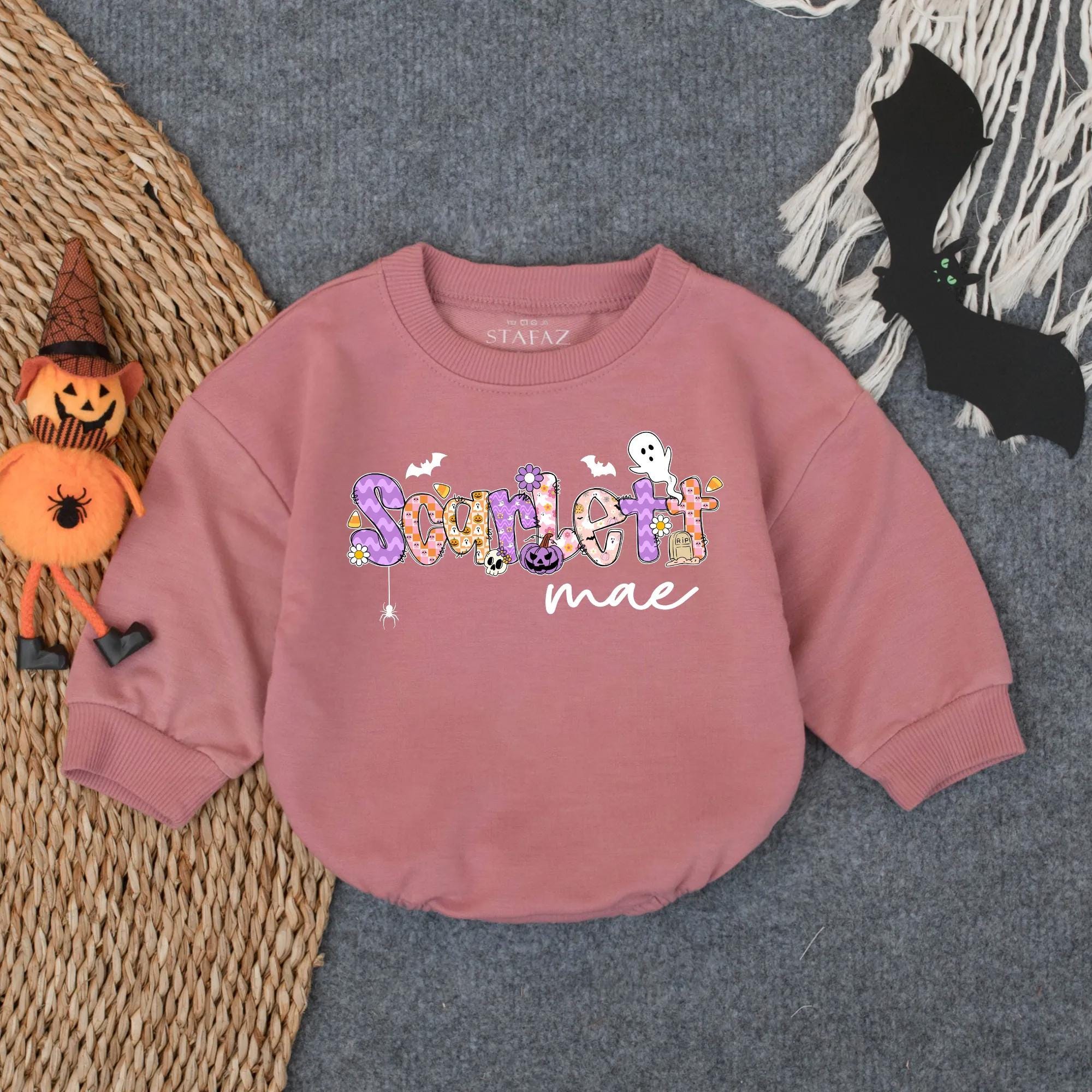 Personalized Scarlett Halloween Romper for Baby Girl Spooky Season Outfit Trick or Treat Toddler Costume Colorful Whimsical Design
