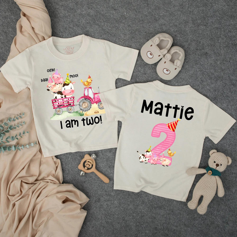 Personalized Second Birthday Outfit with Pink Tractor and Farm Animals Toddler Girl Romper or T-Shirt Custom Name Party Hat Design