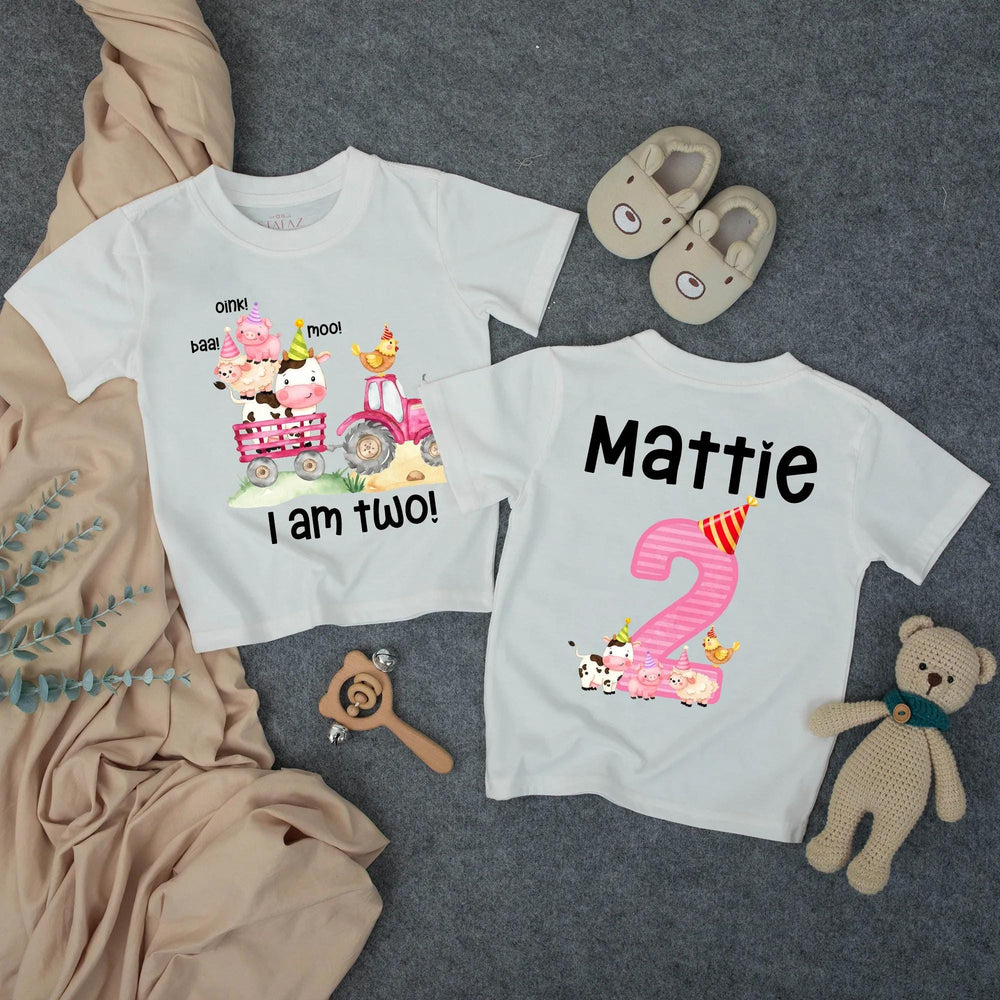 Personalized Second Birthday Outfit with Pink Tractor and Farm Animals Toddler Girl Romper or T-Shirt Custom Name Party Hat Design