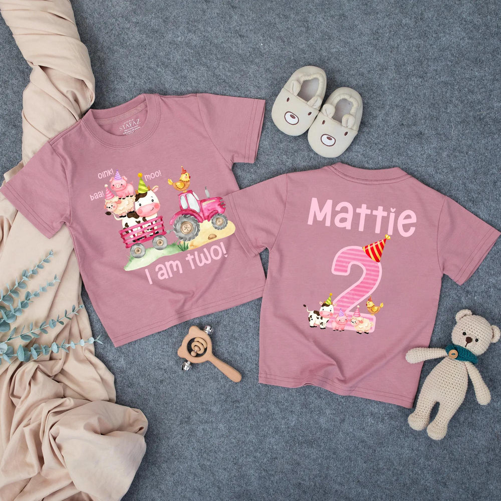 Personalized Second Birthday Outfit with Pink Tractor and Farm Animals Toddler Girl Romper or T-Shirt Custom Name Party Hat Design
