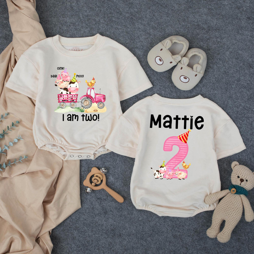 Personalized Second Birthday Outfit with Pink Tractor and Farm Animals Toddler Girl Romper or T-Shirt Custom Name Party Hat Design