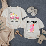 Personalized Second Birthday Outfit with Pink Tractor and Farm Animals Toddler Girl Baby Romper Custom Name Party Hat Design