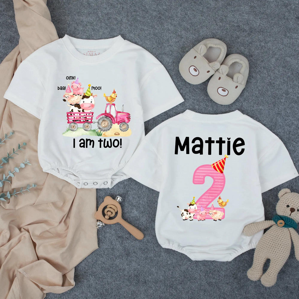 Personalized Second Birthday Outfit with Pink Tractor and Farm Animals Toddler Girl Romper or T-Shirt Custom Name Party Hat Design