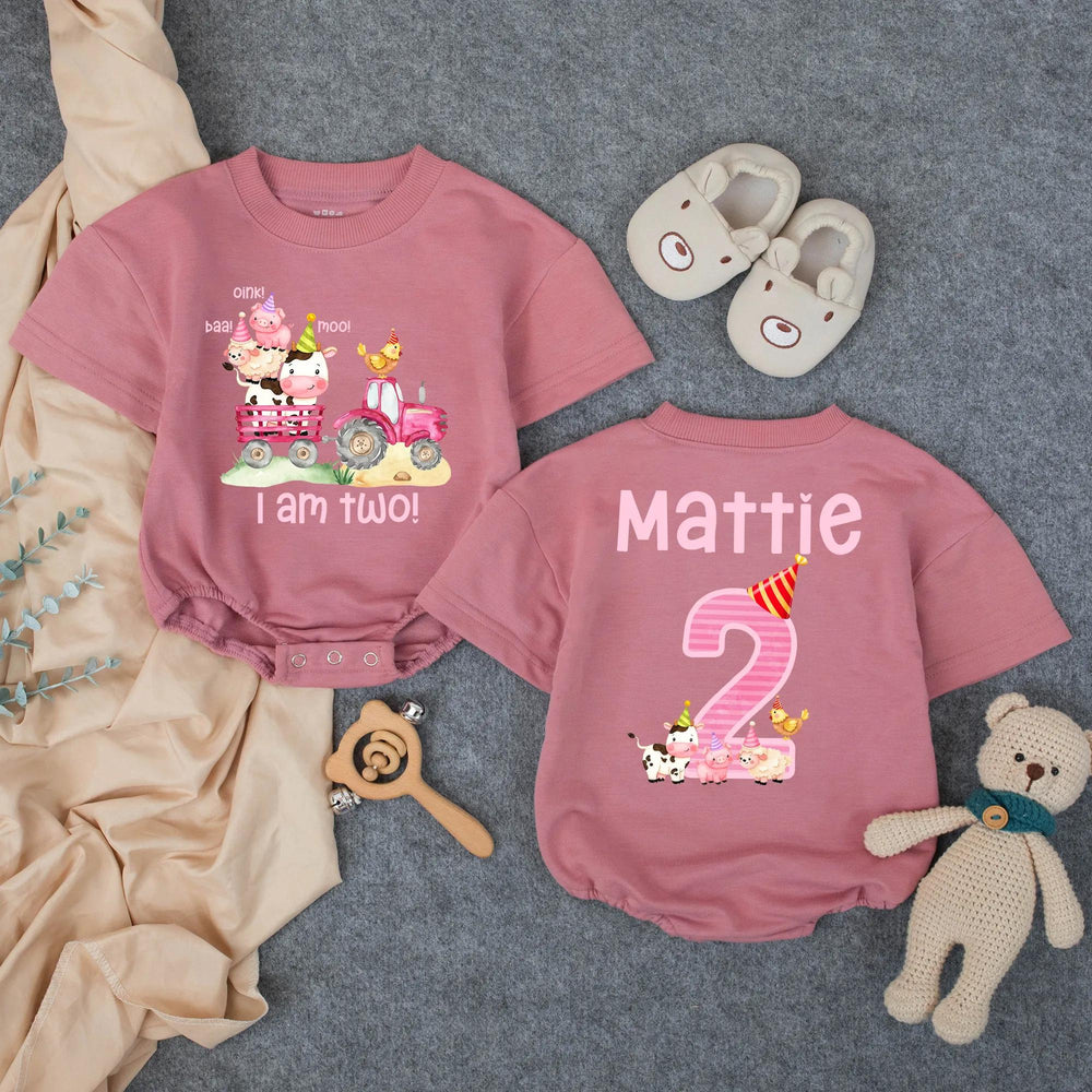 Personalized Second Birthday Outfit with Pink Tractor and Farm Animals Toddler Girl Romper or T-Shirt Custom Name Party Hat Design