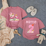 Personalized Second Birthday Outfit with Pink Tractor and Farm Animals Toddler Girl Baby Romper Custom Name Party Hat Design