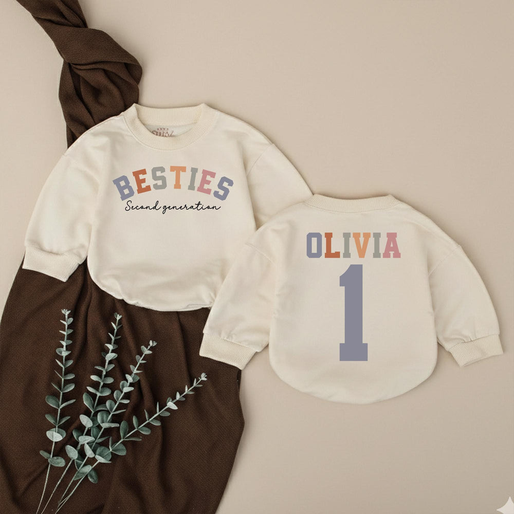 Personalized Second Generation Besties Bubble Romper Custom Name Baby Toddler Outfit Dusty Blue Mauve Terracotta Birthday Gift Cotton