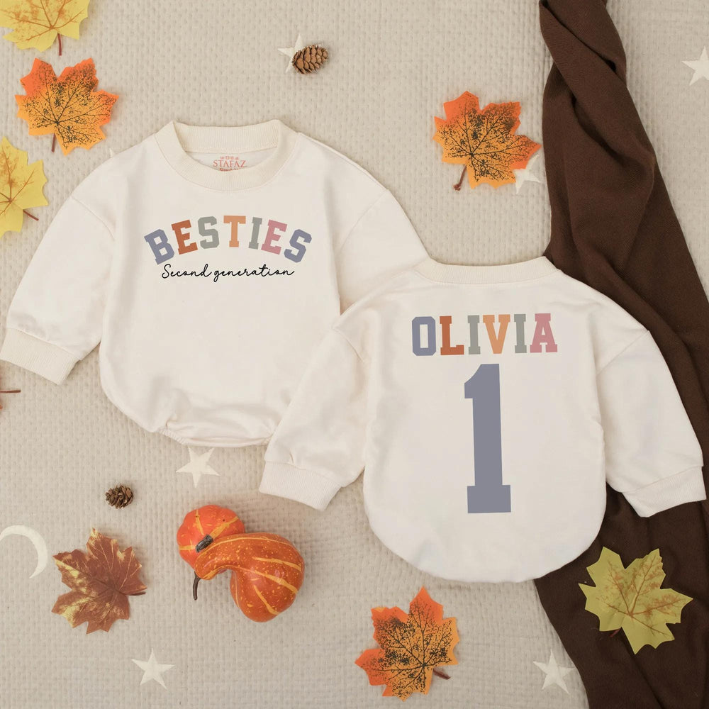 Personalized Second Generation Besties Bubble Romper Custom Name Baby Toddler Outfit Dusty Blue Mauve Terracotta Birthday Gift Cotton