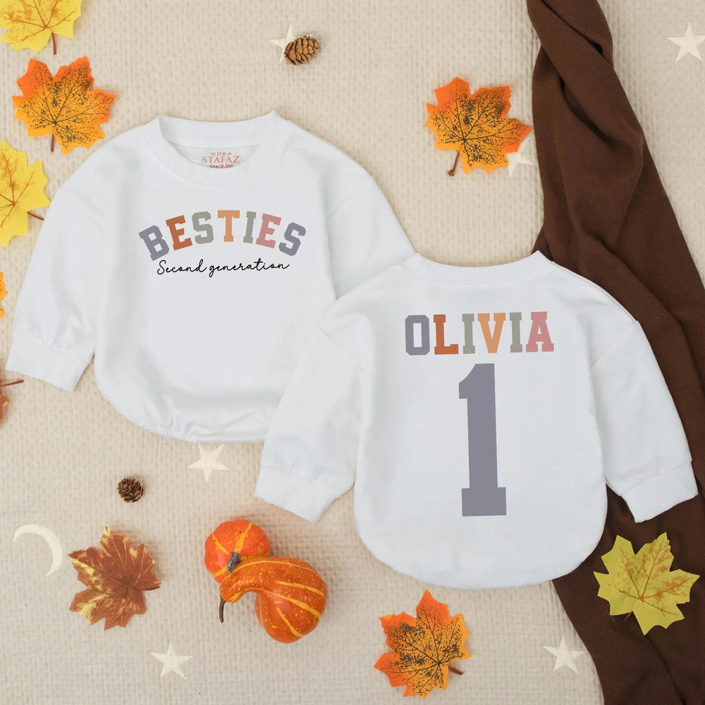 Personalized Second Generation Besties Bubble Romper Custom Name Baby Toddler Outfit Dusty Blue Mauve Terracotta Birthday Gift Cotton