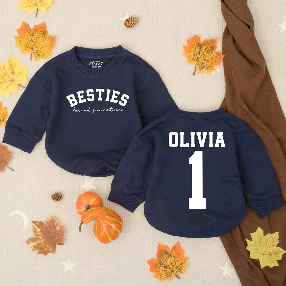Personalized Second Generation Besties Bubble Romper Custom Name Baby Toddler Outfit Dusty Blue Mauve Terracotta Birthday Gift Cotton