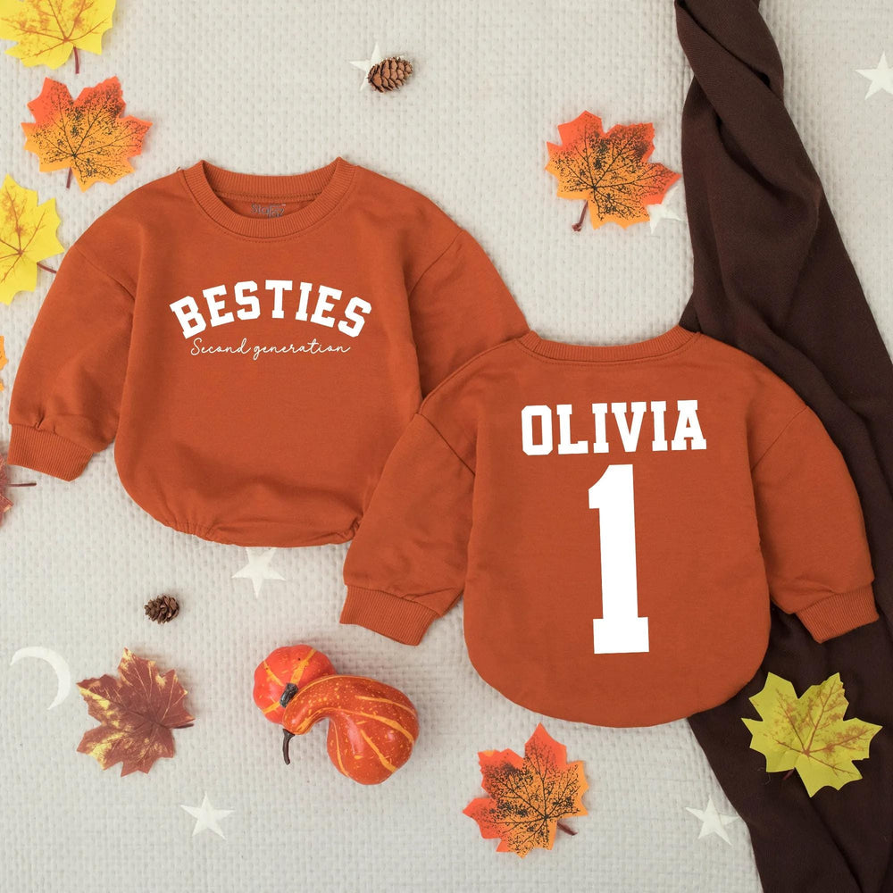 Personalized Second Generation Besties Bubble Romper Custom Name Baby Toddler Outfit Dusty Blue Mauve Terracotta Birthday Gift Cotton