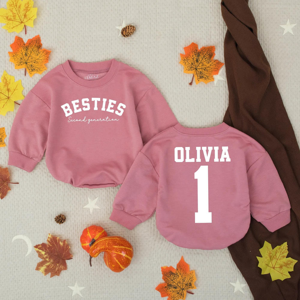 Personalized Second Generation Besties Bubble Romper Custom Name Baby Toddler Outfit Dusty Blue Mauve Terracotta Birthday Gift Cotton