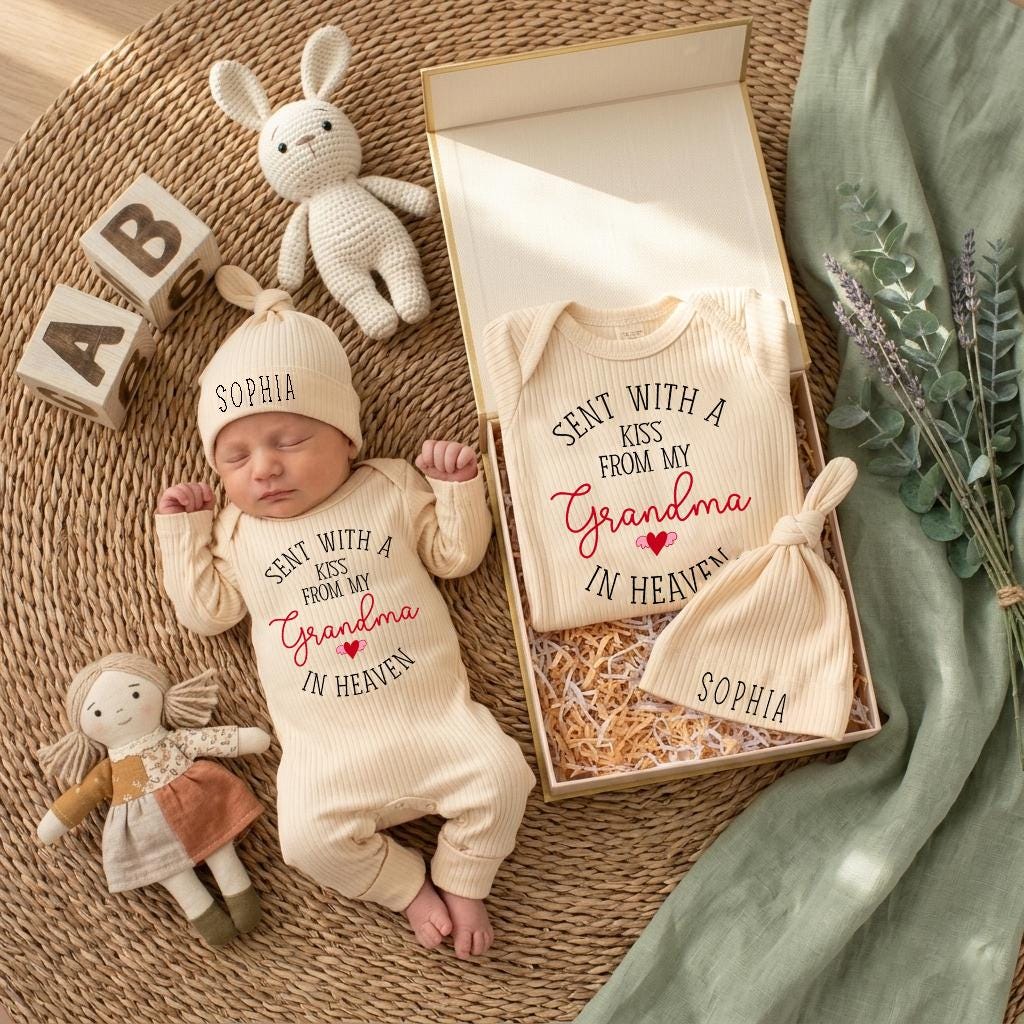 Personalized Sent With A Kiss From My Grandma In Heaven Baby Outfit with Name Red Heart Graphic, Newborn Coming Home or Gift Idea