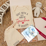 Custom Baby Outfit Set - Sent With a Kiss From My Grandma in Heaven, Soft Cotton Bodysuit & Hat, Newborn Coming Home or Baby Shower Gift