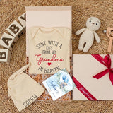 Custom Baby Outfit Set - Sent With a Kiss From My Grandma in Heaven, Soft Cotton Bodysuit & Hat, Newborn Coming Home or Baby Shower Gift