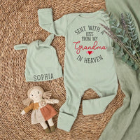 Custom Baby Outfit Set - Sent With a Kiss From My Grandma in Heaven, Soft Cotton Bodysuit & Hat, Newborn Coming Home or Baby Shower Gift