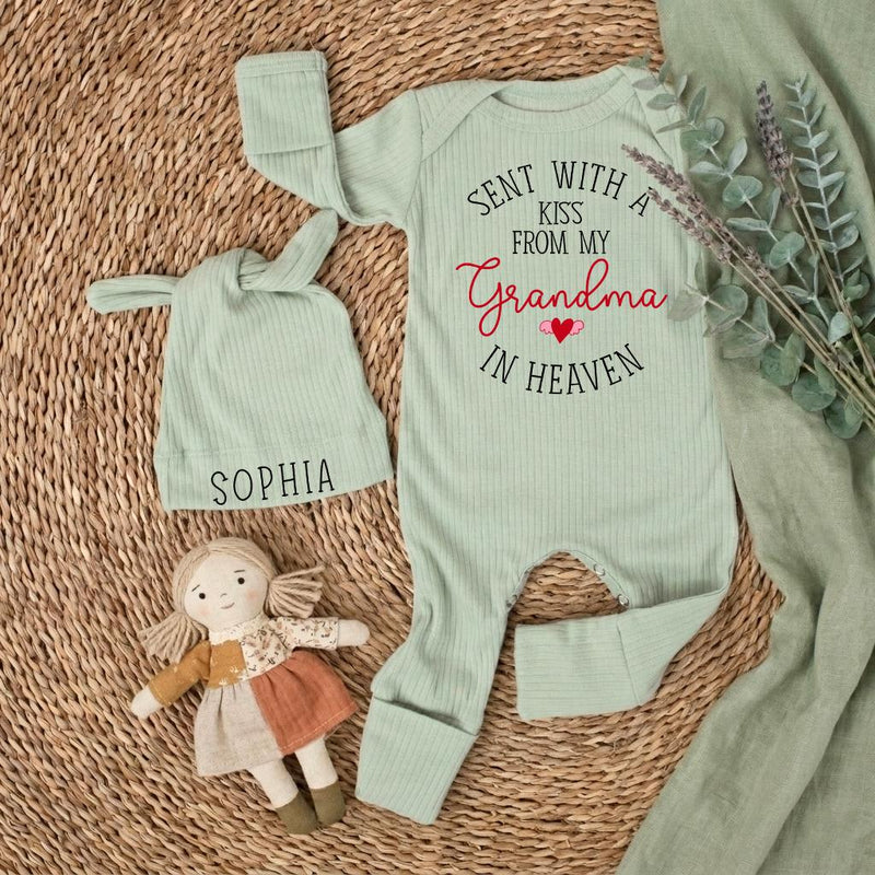 Custom Baby Outfit Set - Sent With a Kiss From My Grandma in Heaven, Soft Cotton Bodysuit & Hat, Newborn Coming Home or Baby Shower Gift