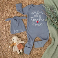 Custom Baby Outfit Set - Sent With a Kiss From My Grandma in Heaven, Soft Cotton Bodysuit & Hat, Newborn Coming Home or Baby Shower Gift