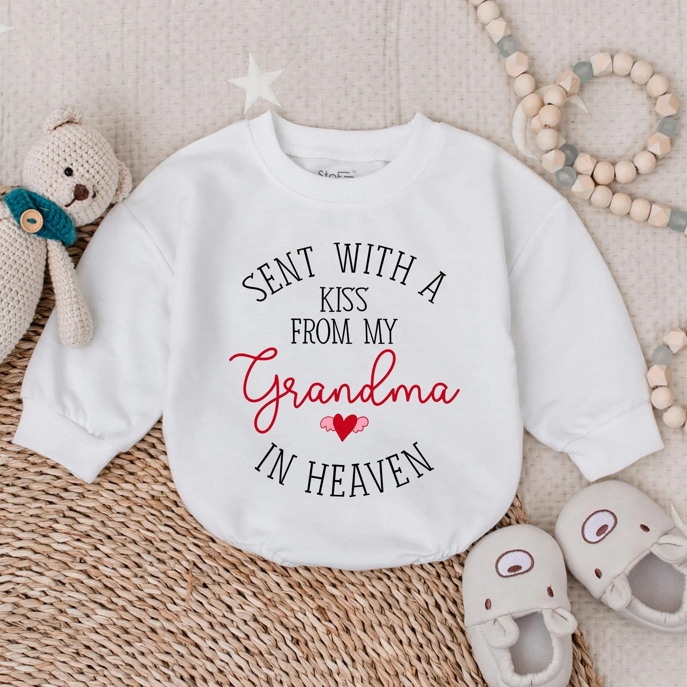 Personalized Sent with a Kiss from My Grandma in Heaven Baby Romper Heartfelt Gift Newborn Soft Cotton Outfit Unique Baby Shower Present