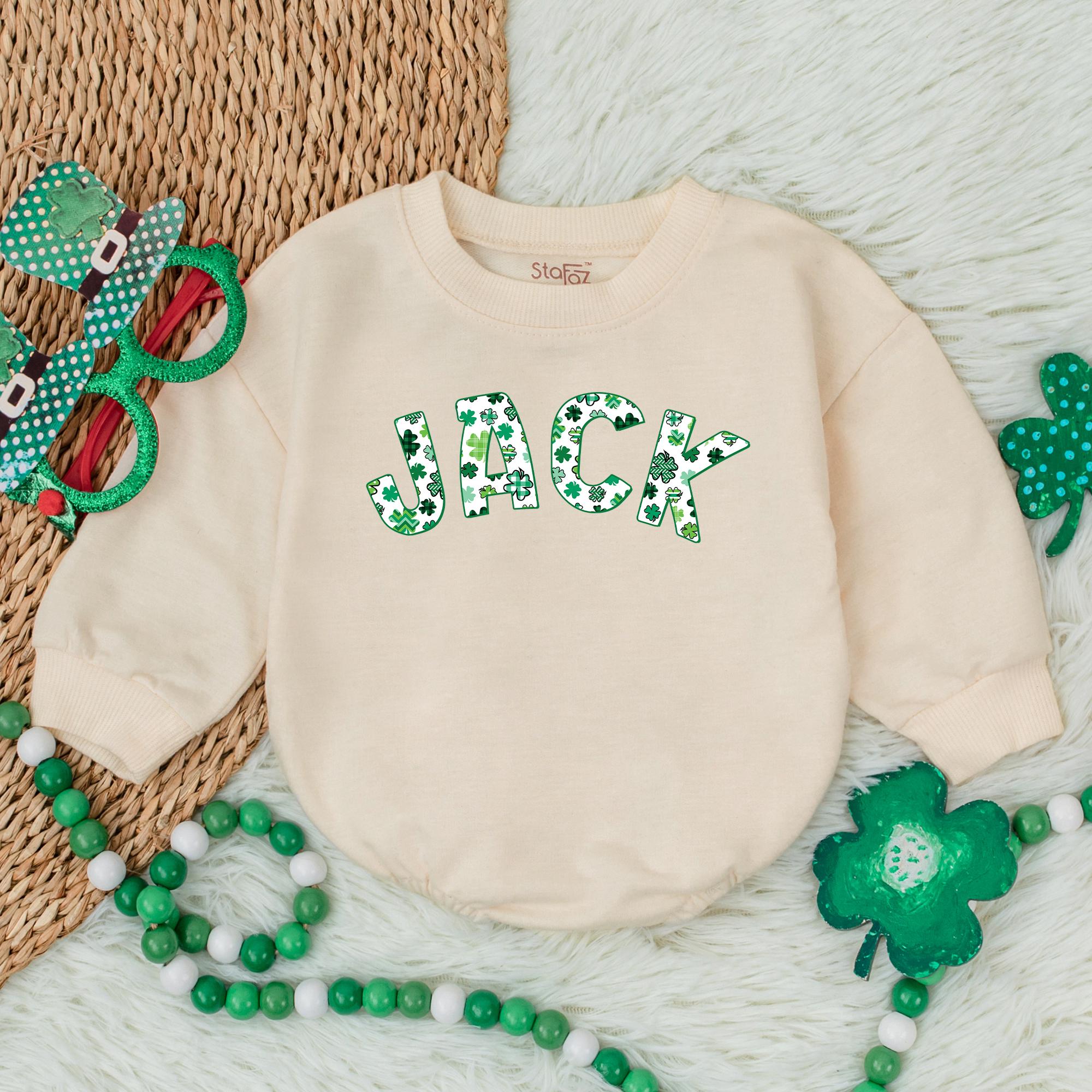 Personalized Shamrocks Baby Bubble Romper St. Patrick's Day Outfit Cotton Romper with Green Shamrock Pattern for Boys and Girls