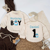 Personalized Shark Birthday Boy Romper First Birthday Outfit Baby Gift Custom Name Cotton Infant Party Clothes Light Blue Black Design