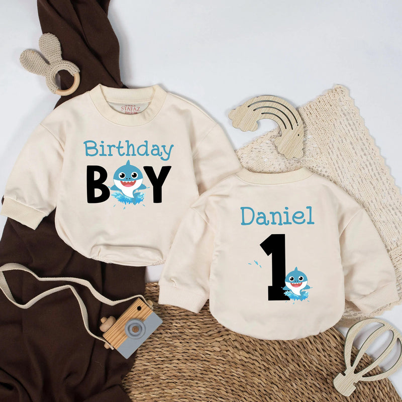 Personalized Shark Birthday Boy Romper First Birthday Outfit Baby Gift Custom Name Cotton Infant Party Clothes Light Blue Black Design