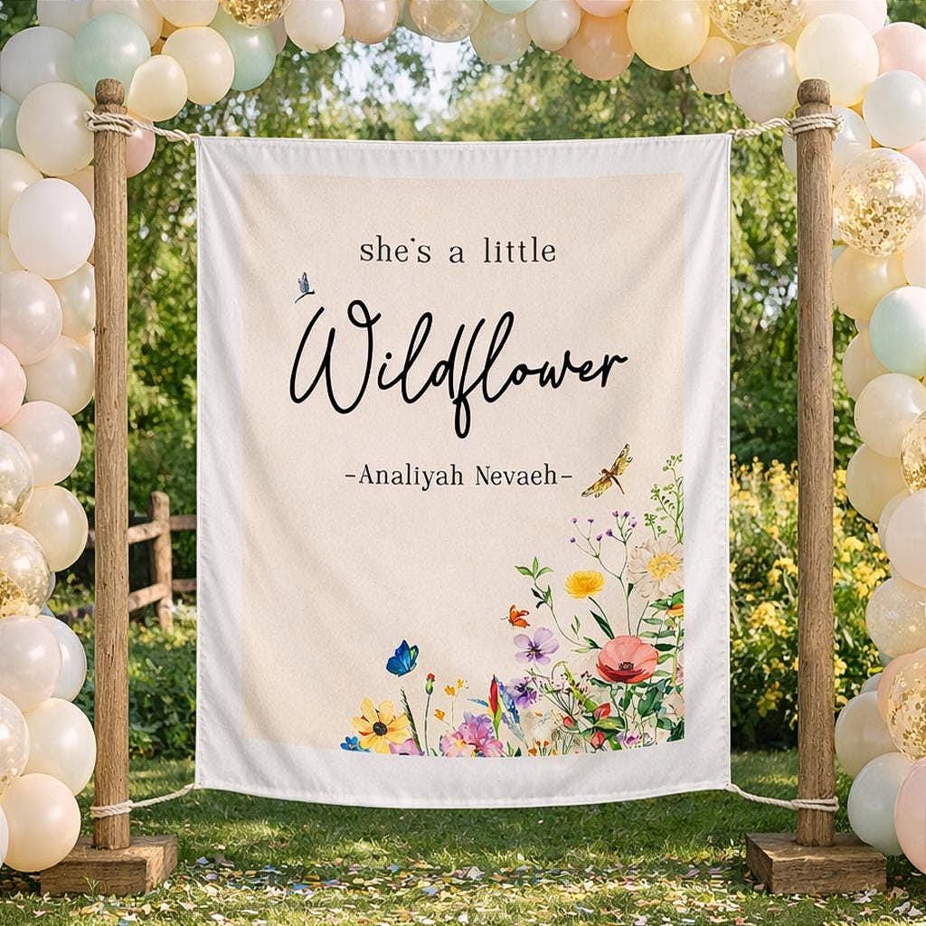 Personalized She's a Little Wildflower Birthday Banner for Girls with Custom Name Boho Floral Design Party Decor Cream Background