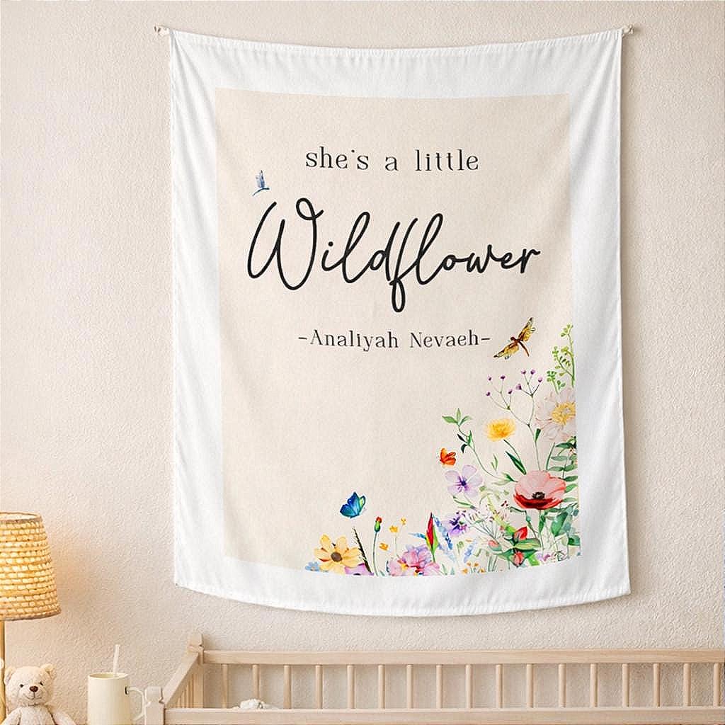 Personalized She's a Little Wildflower Birthday Banner for Girls with Custom Name Boho Floral Design Party Decor Cream Background