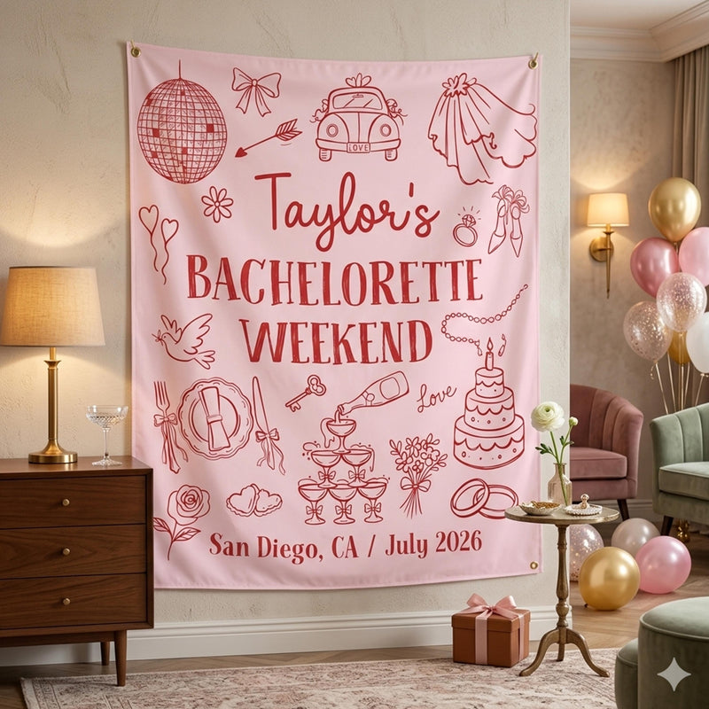 Personalized Silk Bachelorette Weekend Banner with Red Line Art, Bridal Shower Backdrop, Custom San Diego Party Decor, July 2026 Sign