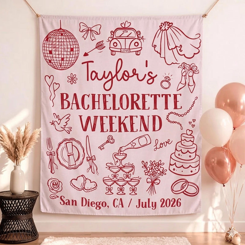 Personalized Silk Bachelorette Weekend Banner with Red Line Art, Bridal Shower Backdrop, Custom San Diego Party Decor, July 2026 Sign