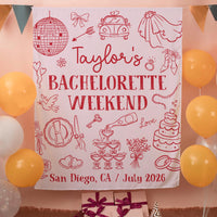 Personalized Silk Bachelorette Weekend Banner with Red Line Art, Bridal Shower Backdrop, Custom San Diego Party Decor, July 2026 Sign