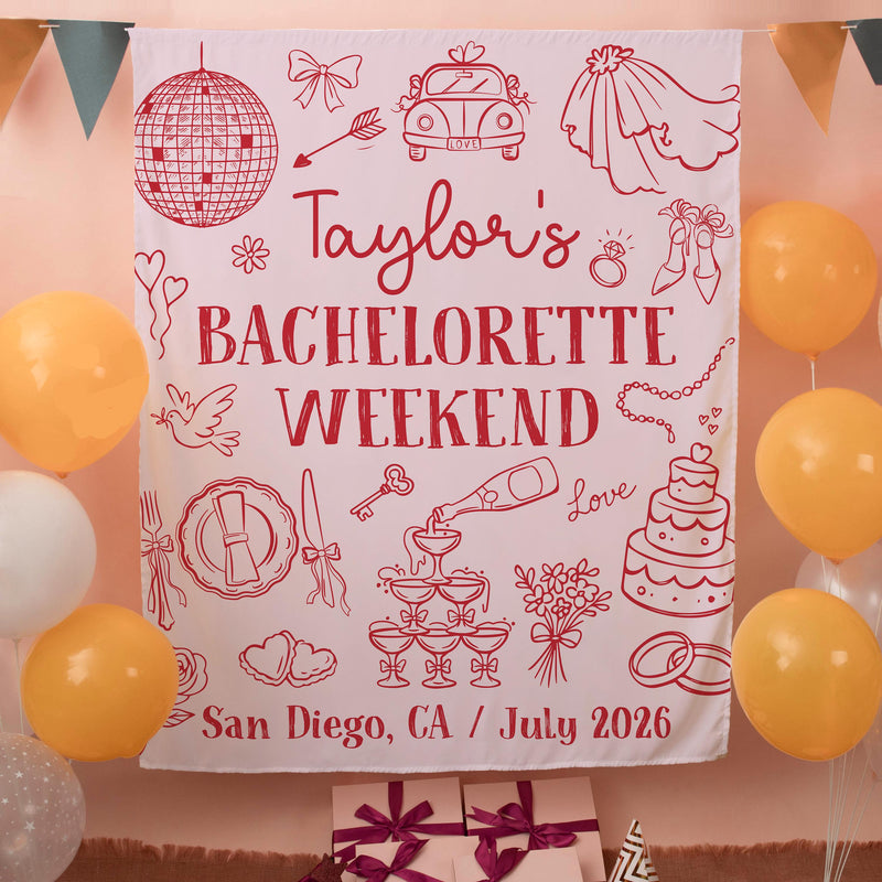 Personalized Silk Bachelorette Weekend Banner with Red Line Art, Bridal Shower Backdrop, Custom San Diego Party Decor, July 2026 Sign