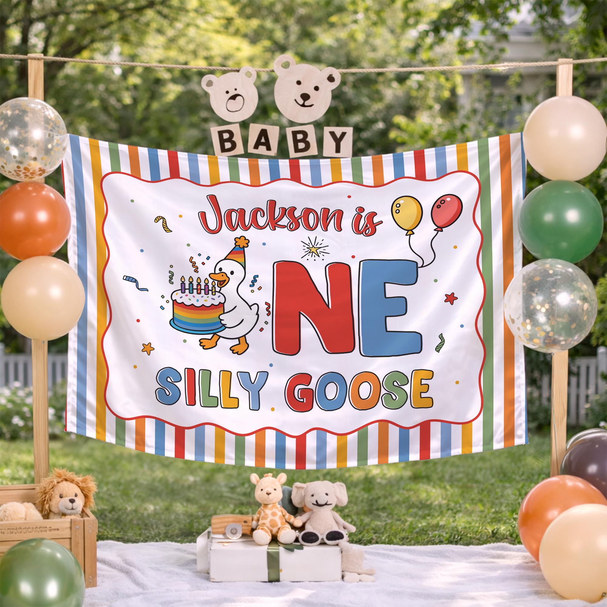 Personalized Silly Goose 1st Birthday Banner for Baby or Toddler Party, Rainbow Stripes with Cake, Balloons, and Custom Name Decoration